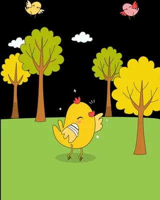 Chick singing on a green meadow while birds fly over the trees