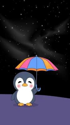 Penguin holding a striped umbrella on a snowy ledge