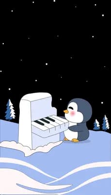 Penguin playing an upright piano in a snowy landscape
