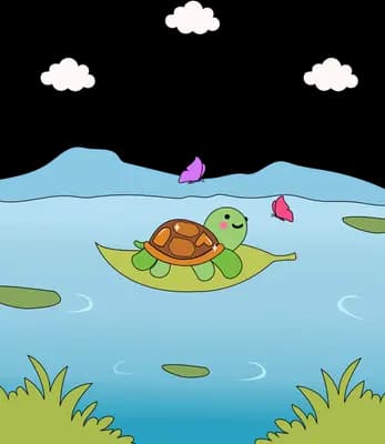 Turtle drifting on a lily leaf across a pond with petals falling