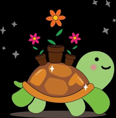 Green turtle carrying three potted flowers on its shell