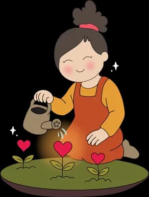 Two small animals toasting marshmallows over a campfire among heart-shaped flowers