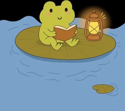 Frog reading a book on a lily pad beside a lit lantern in a pond