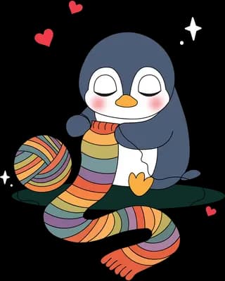 Penguin knitting a long striped scarf from balls of yarn