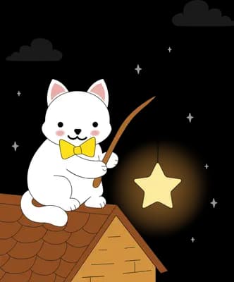 White cat fishing from a rooftop with a glowing catch on the line