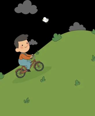 Duckling in orange shirt pedalling a bicycle up a steep green hill as its hat blows off