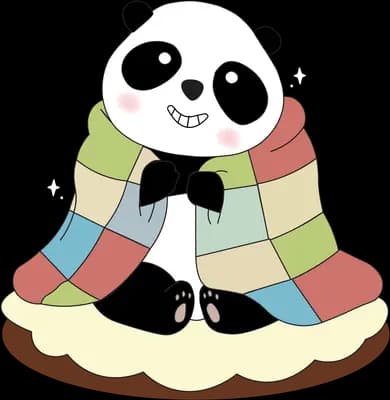 Panda in a bow tie sitting wrapped in a colourful patchwork blanket on a cushion