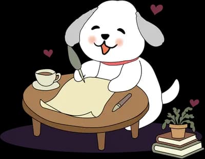 White dog writing with a quill at a low round table with a teacup, plant and books