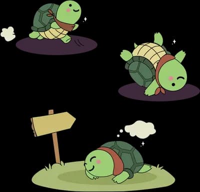 Three small turtles crawling across an empty field, one passing a tiny signpost
