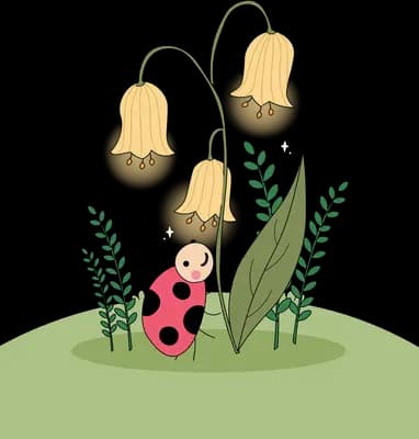 Ladybug climbing a grassy slope beside tall yellow bell flowers