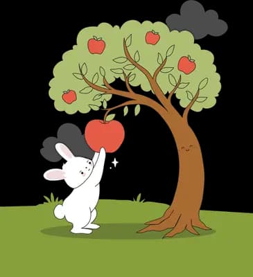White rabbit stretching up to reach a red apple hanging from an apple tree