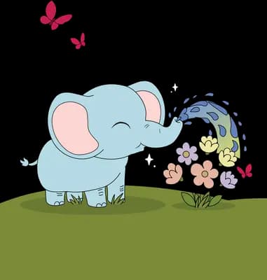 Baby elephant spraying water from its trunk onto flowers while butterflies circle above
