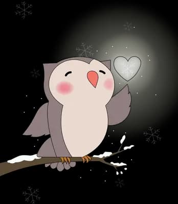 Owl perched on a bare branch blowing out a white heart