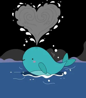 Whale surfacing in the deep blue sea and spouting a heart-shaped spray