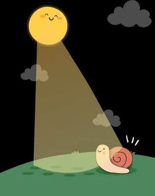 Snail crawling along a big green leaf inside a beam of light from a smiling sun