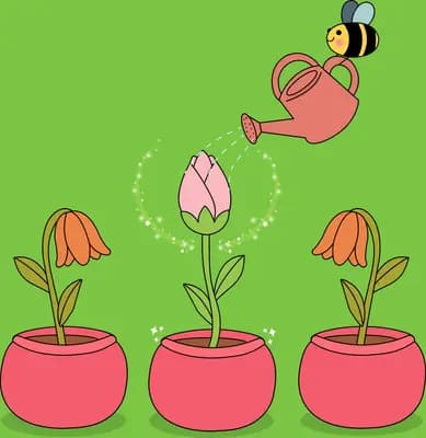 Bee with a watering can tending three small flowers in pink pots against a flat green wall