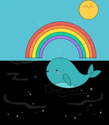 Small blue whale swimming below a rainbow and a little sun on a flat teal panel