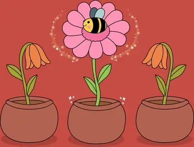 Bee resting on the middle of three potted flowers against a flat red wall