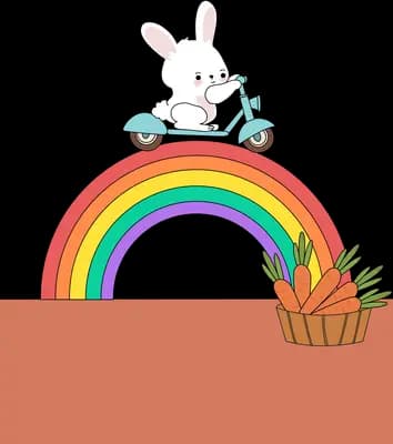 White rabbit riding a scooter over a rainbow beside a basket of carrots