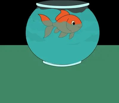 Grey fish swimming in a teal glass fishbowl on a green table