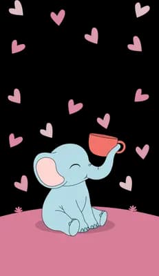 Blue baby elephant tipping a red cup as pink hearts float upward