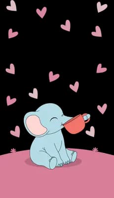 Blue baby elephant tipping a red cup on a pink block with hearts rising