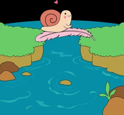Snail on a ledge nose to nose with a pink dragonfly above the pond