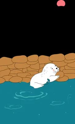 White seal floating in teal water below a stone wall under a small red sun