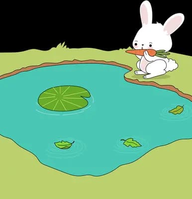 White rabbit holding a fishing rod on a log above teal water with a lily pad