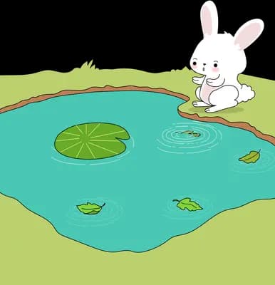 White rabbit fishing from a log over a teal pond with a lily pad