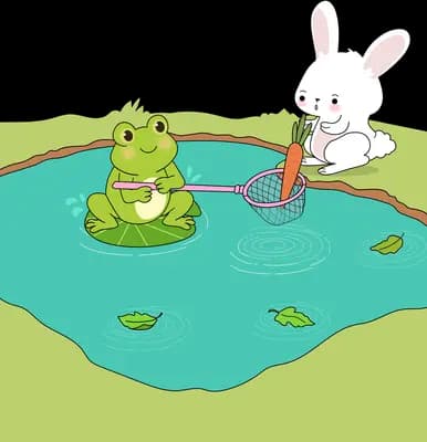 Frog holding a fishing rod and net beside a rabbit on a log over water