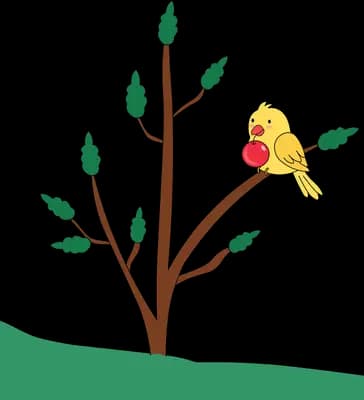 Yellow bird perched on a slender young tree on green ground