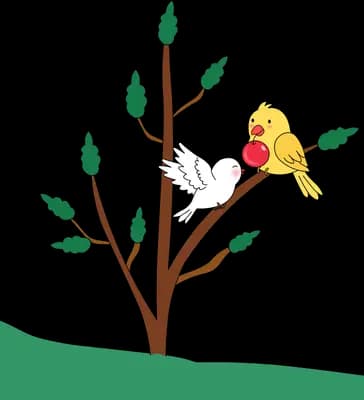 Yellow bird on a young tree greeting a small white bird in flight