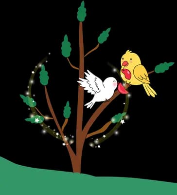 Two birds on a young tree wrapped in dark thorny vines
