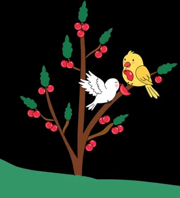 Yellow and white birds on a young tree bearing red berries