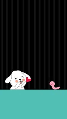 White dog and a pink bird on a teal block with a heart between them