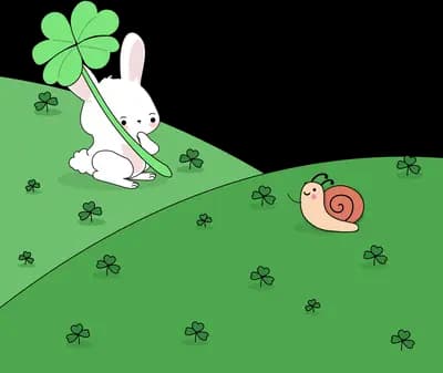 Snail delivering a giant four-leaf clover to a white rabbit on the hill