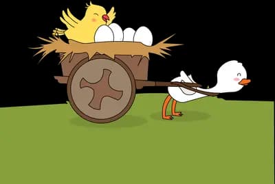 White duck pulling a wooden cart carrying a nest of eggs and a yellow chick