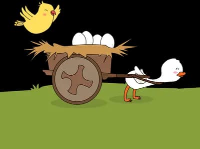 Yellow bird flying over a cart of eggs pulled by a duck