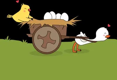 Duck pulling an egg cart with a chick down a grassy slope
