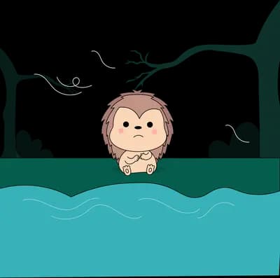 Monkey resting with its arms on the edge of a teal pool