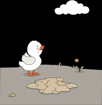 White duck crying over a stranded fish on cracked dry grey ground