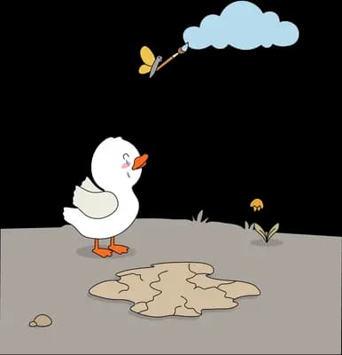 Duck standing over a dried-out fish as a butterfly pulls a blue cloud overhead