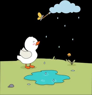 Rain from a butterfly-towed cloud greens the ground and revives the fish beside a duck