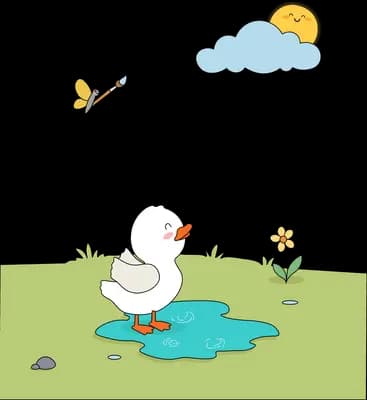 Duck beside a fish swimming in a puddle on green grass with a bird in the sky