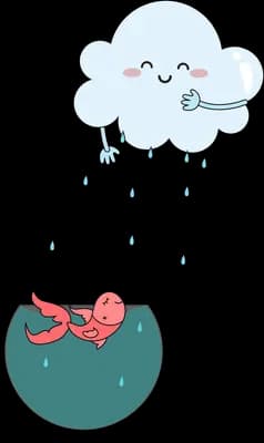 Smiling cloud raining into a bowl where a small red fish swims