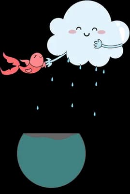 Smiling cloud raining down into a glass bowl below while a red fish leaps