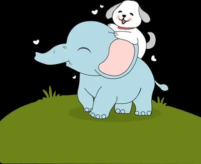 Blue elephant carrying a white dog on its back while balancing on a leaf