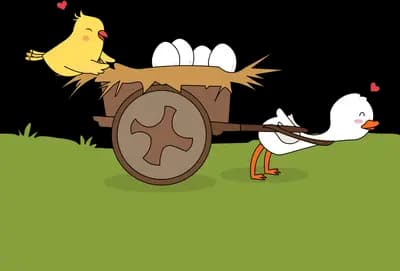 Chick riding a wooden cart pulled by birds down a green hill