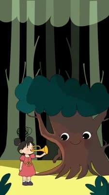 Small animals gathered under a green awning by a leaning tree